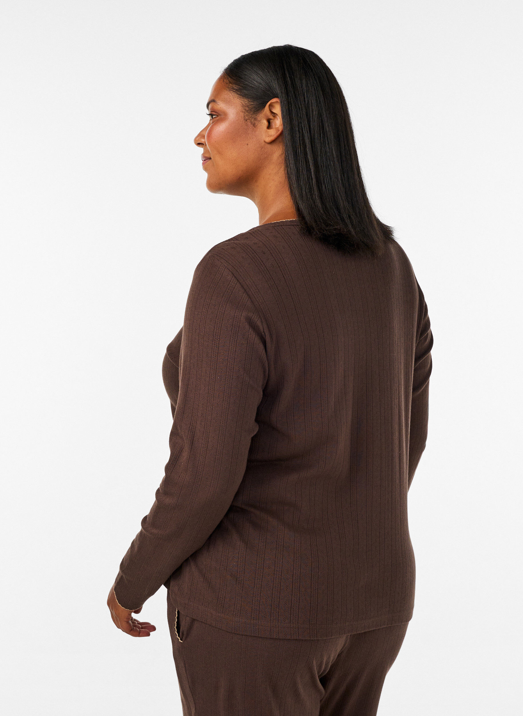 Zizzi&Oslash;kologisk bomulls pyjamatopp med hullbroderi, Brun, Model image number 2