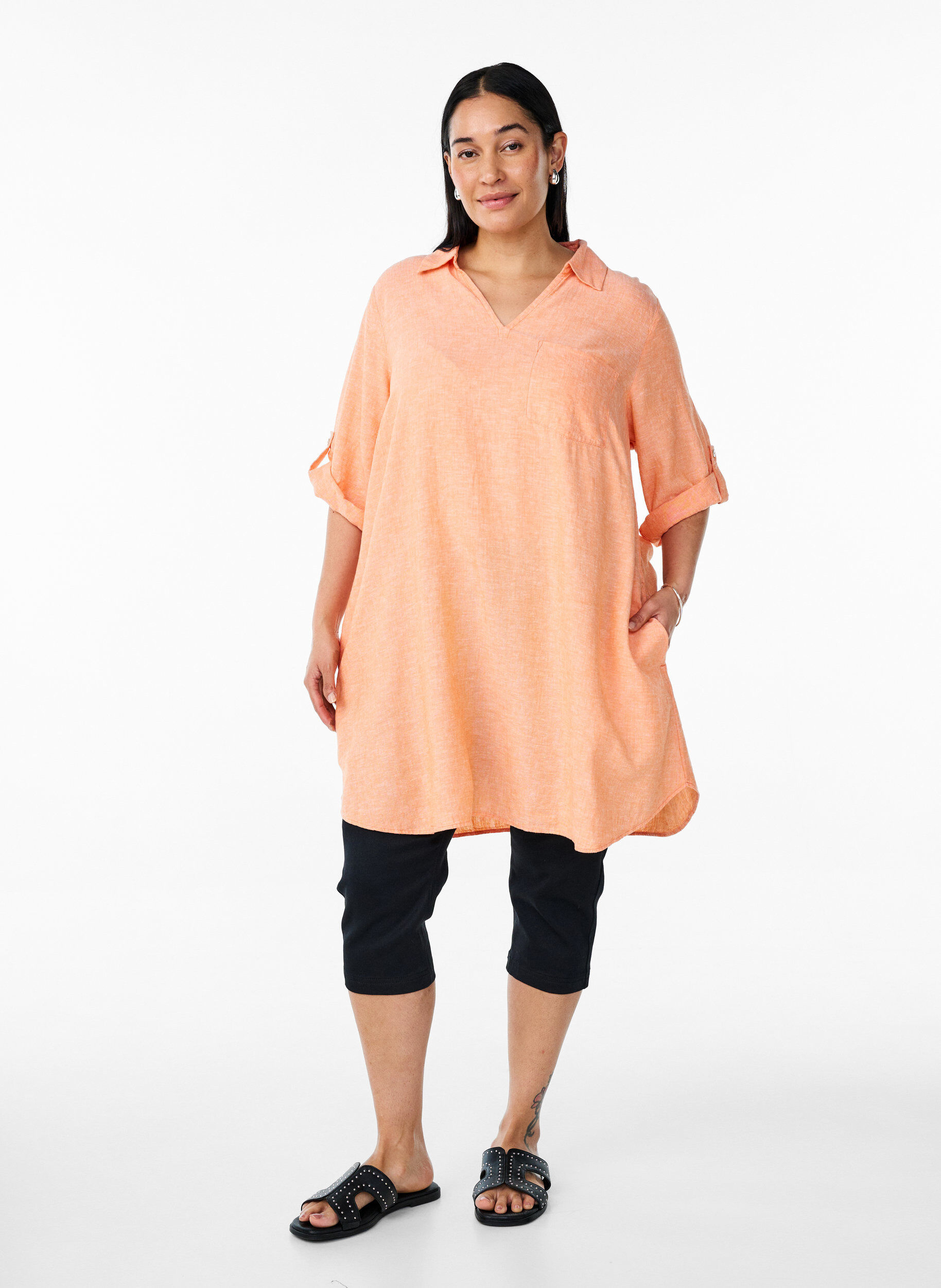 ZizziTunika i lin og viskose med A-form, Orange, Model image number 1