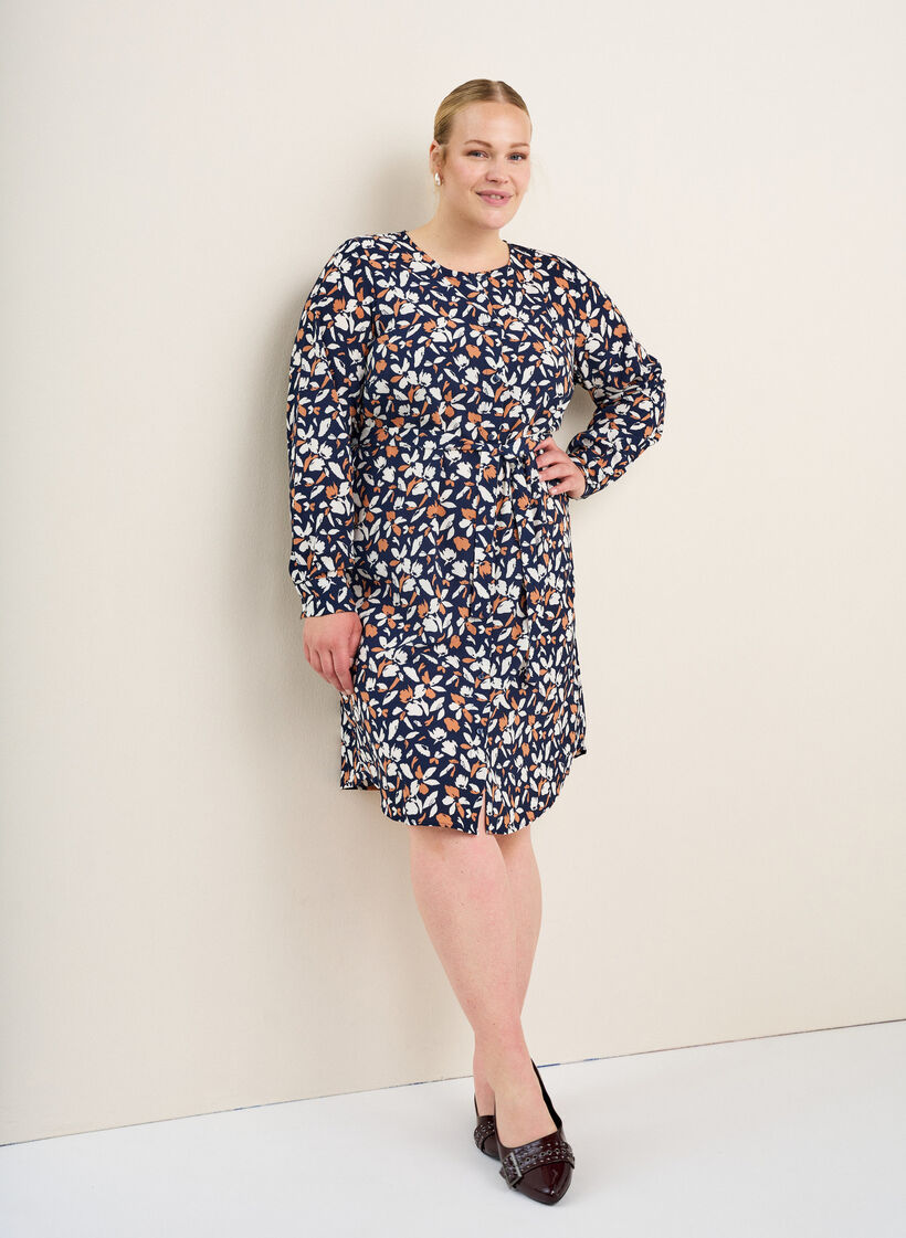 Langermet skjortekjole med knytebelte, Blå, Image image number 0