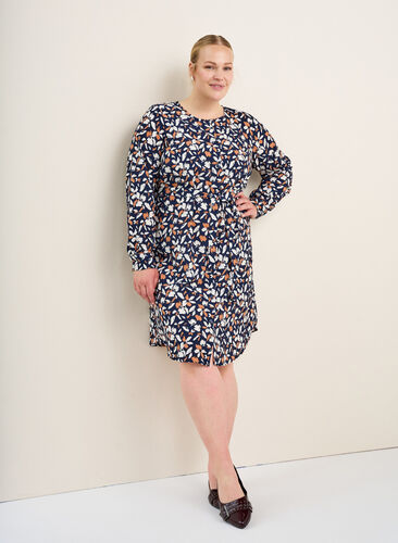 Zizzi Langermet skjortekjole med knytebelte, Blå, Image image number 0