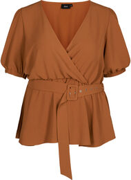 Wrapbluse med puffermer, Leather Brown