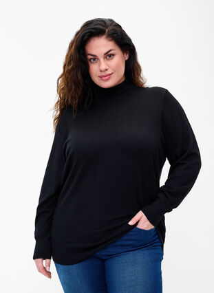 Strikkegenser i viskose med polokrage, Black, Model image number 0