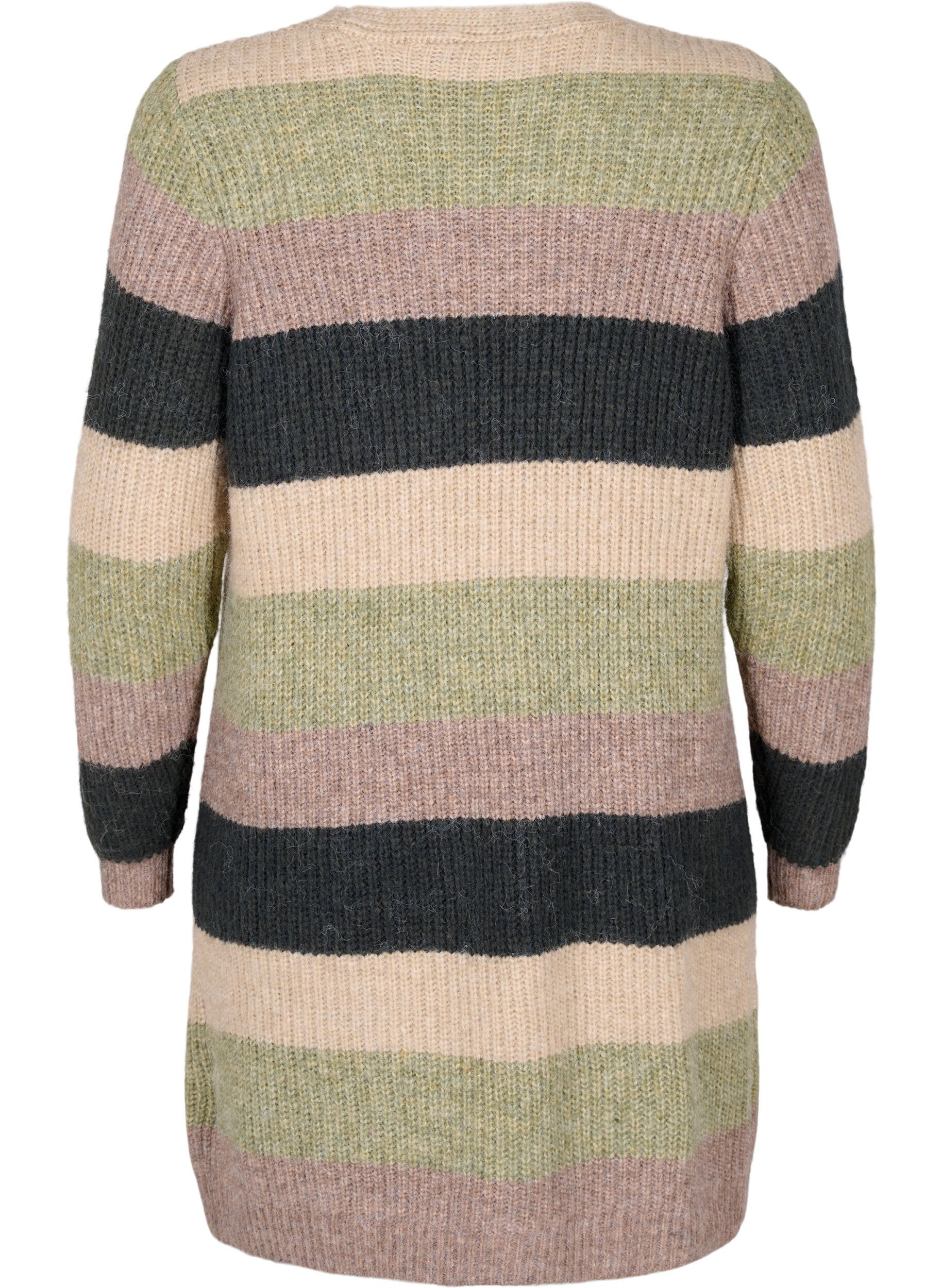 Zizzi Lang, ribbestrikket cardigan med striper, Forest Night Comb, Packshot image number 1