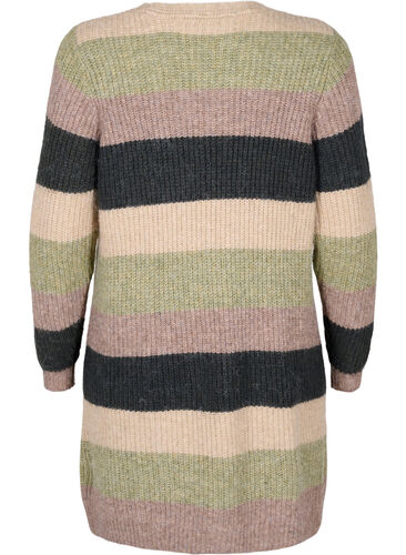 Lang, ribbestrikket cardigan med striper, Forest Night Comb, Packshot image number 1