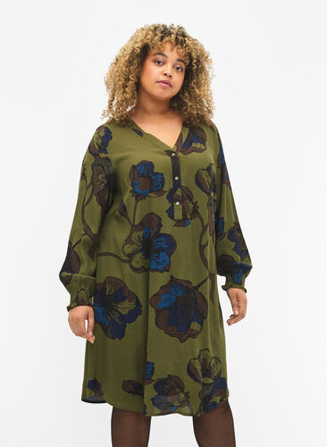 Mønstrete kjole i viskose, Green Big Flower, Model image number 0