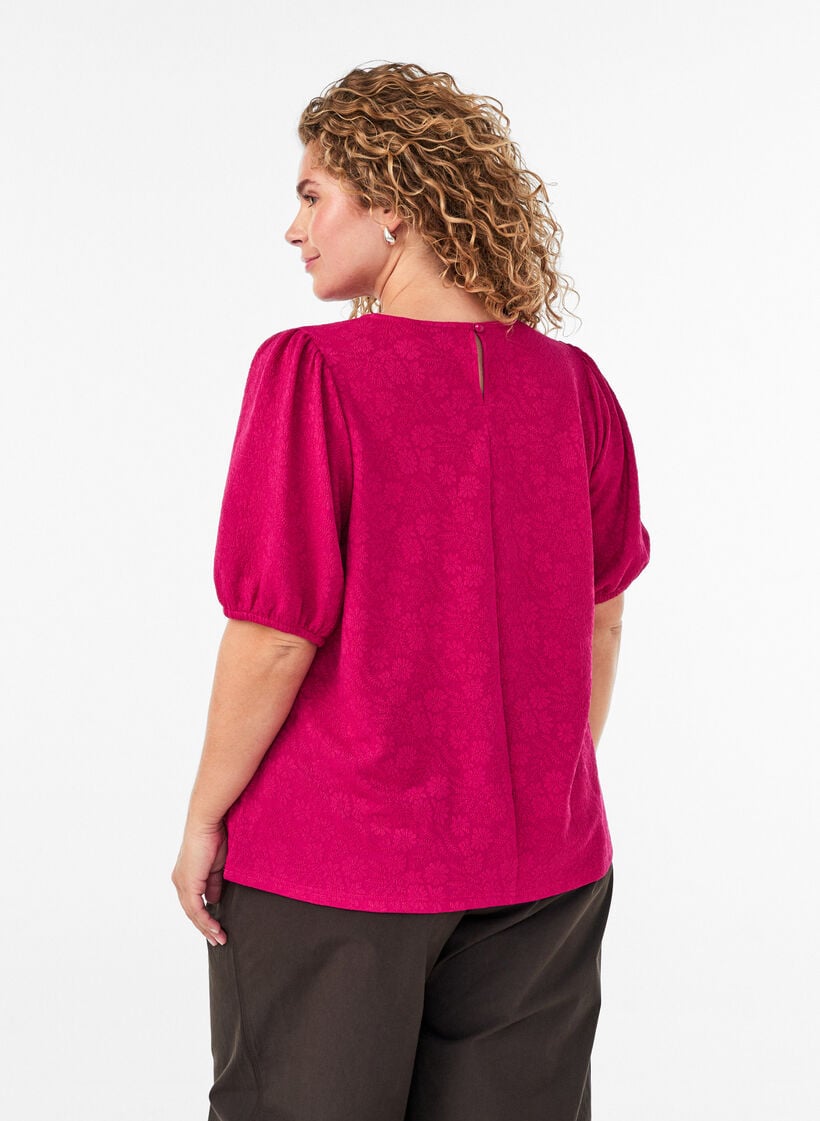 Bluse med tekstur og korte ermer, Rosa, Model image number 2