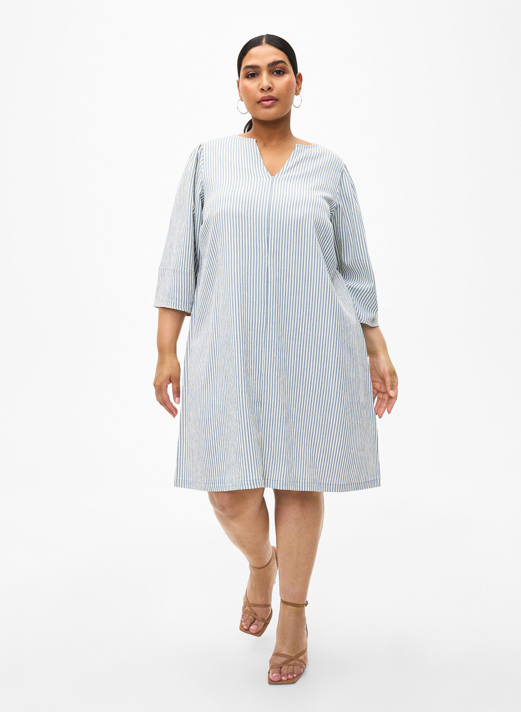 Zizzi Stripete kjole med trekvartlange ermer, Blue Stripe, Model image number 2