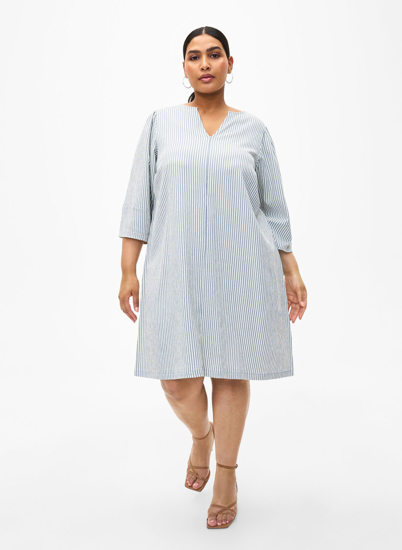 Stripete kjole med trekvartlange ermer, Blue Stripe, Model image number 2