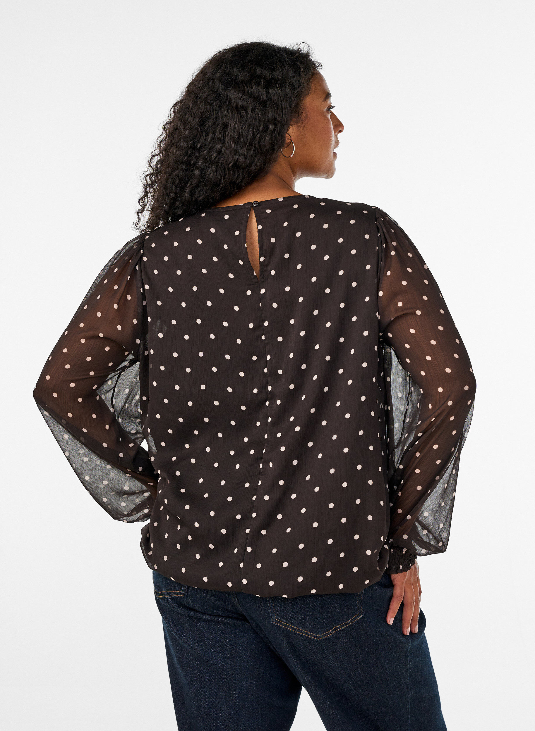 ZizziPrikket chiffonbluse med gjennomsiktige ermer, Brun, Model image number 2