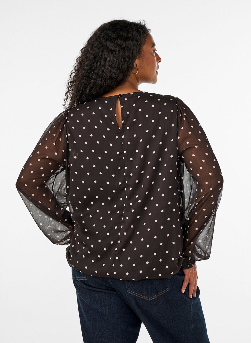 Prikket chiffonbluse med gjennomsiktige ermer, Brun, Model image number 2