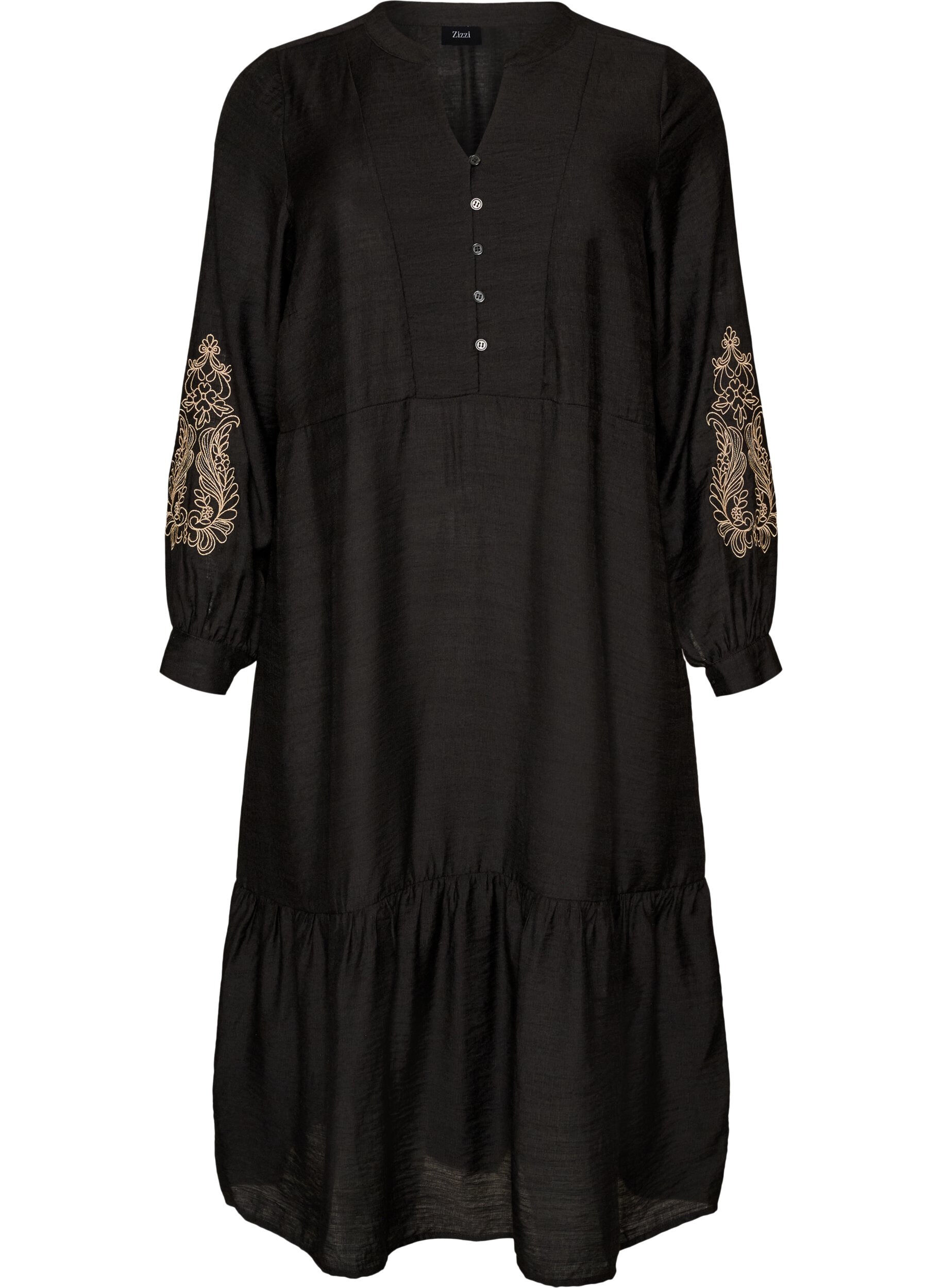 ZizziViskosekjole med broderi og lagdelte volanger, Svart, Packshot image number 0