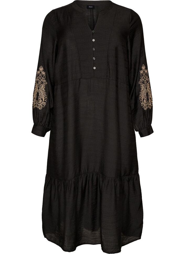 Viskosekjole med broderi og lagdelte volanger, Svart, Packshot image number 0