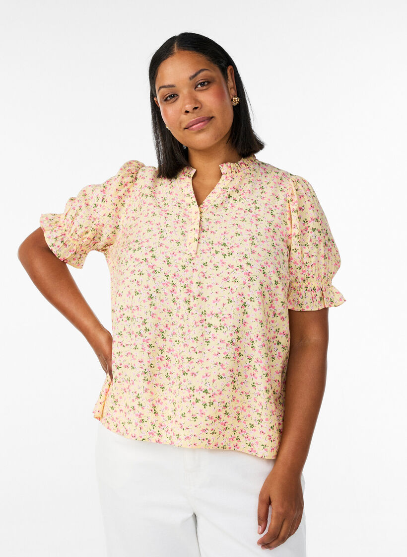 Bluse i viskose med blomstertrykk, korte ermer og volangkrage, Gul, Model image number 0
