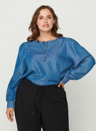 Bluse med lange puffermer og knapper, Blue denim, Model image number 0