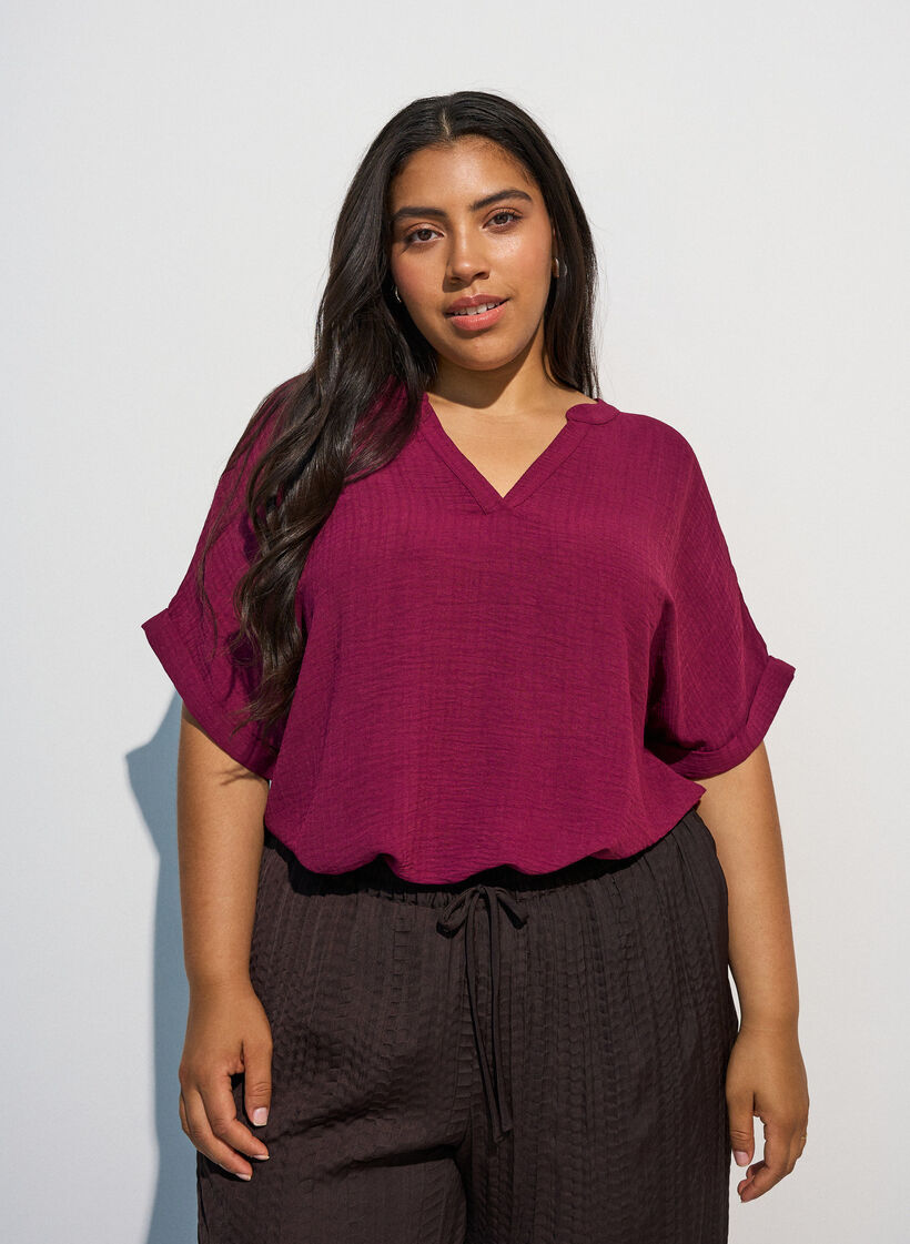 L&oslash;s bluse med korte ermer, R&oslash;d, Model image number 3
