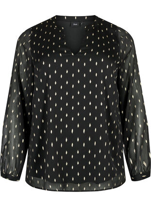 Bluse med trykk og v-hals, Black w. Gold, Packshot image number 0