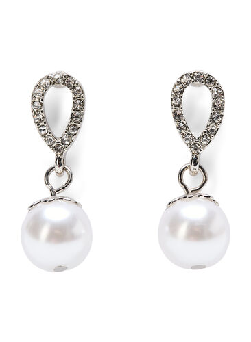 Dråpeformede øredobber med perle og strass, Silver w. Pearl, Packshot image number 0
