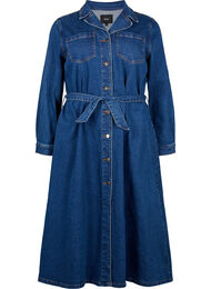 Midiskjortekjole i denim med belte, Dark Blue Denim