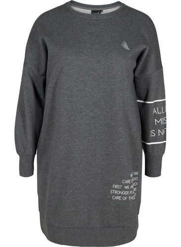 Langermet kjole med trykk, Dark Grey Melange, Packshot image number 0