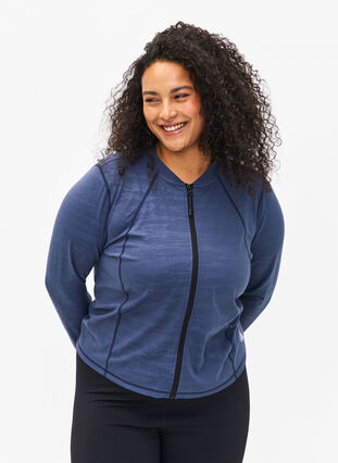 Zizzi Treningsbluse med glidelås, Mood Indigo, Model image number 0