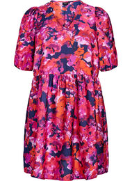 Kort kjole med trykk og V-hals, Pink flower AOP