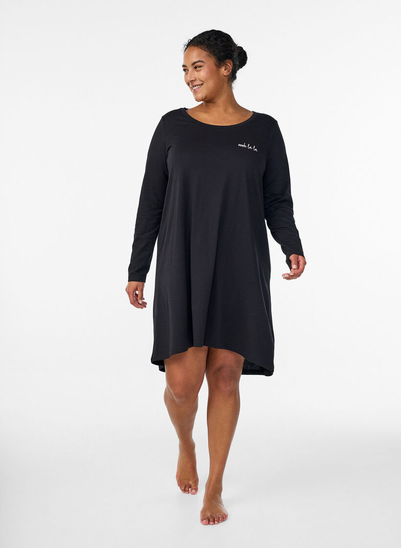 Langermet nattkjole i &oslash;kologisk bomull, Svart, Model image number 1