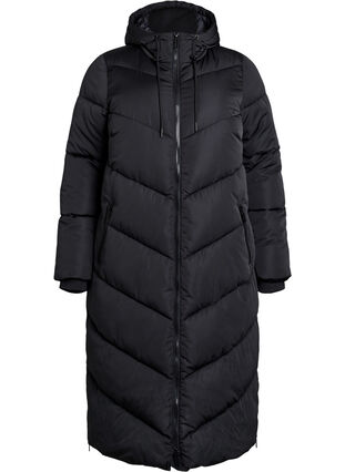 Zizzi Lang pufferjakke med hette og lommer, Black, Packshot image number 0