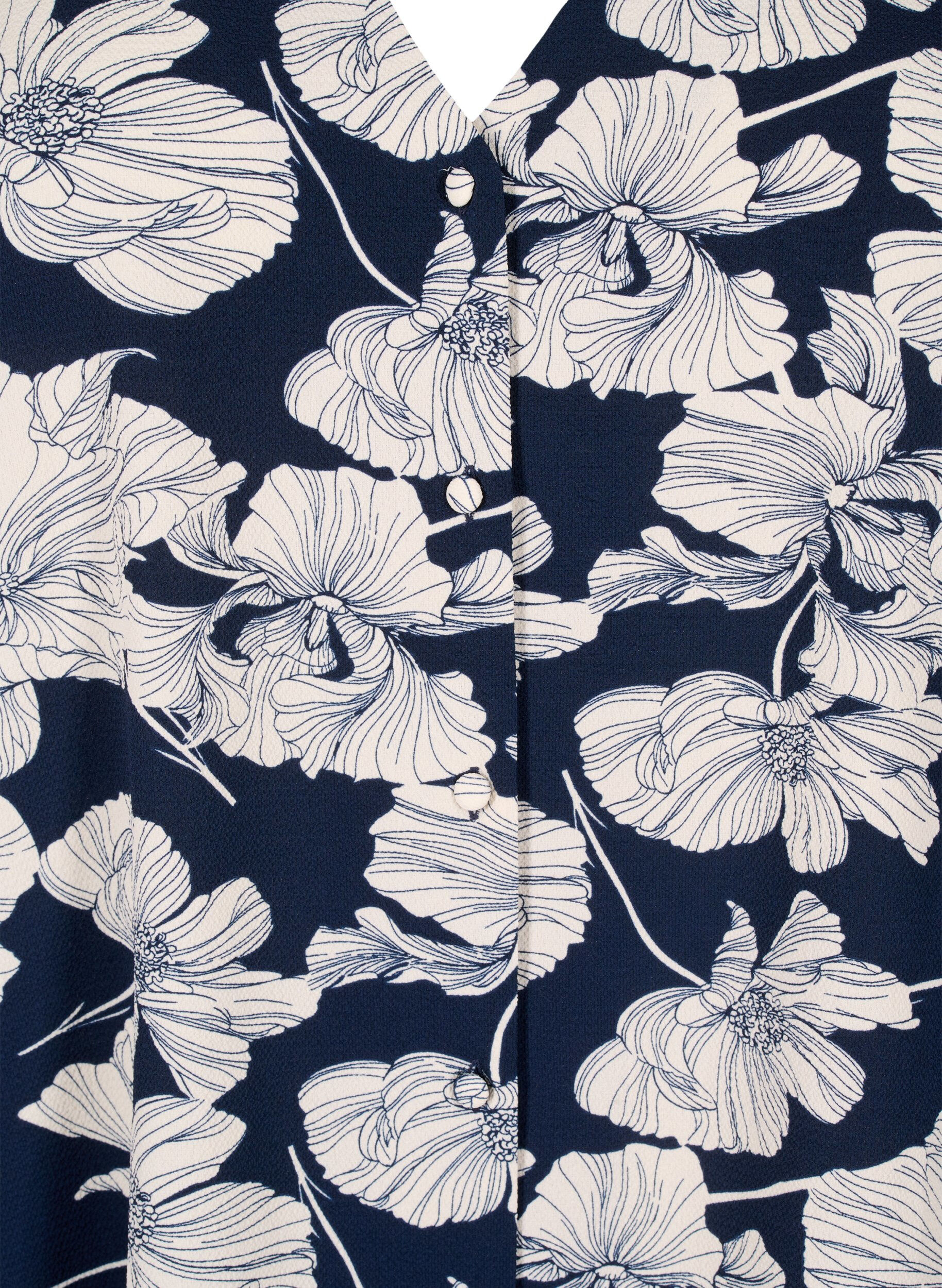 Zizzi Skjortebluse med v-hals og trykk, Navy B. Flower AOP, Packshot image number 2