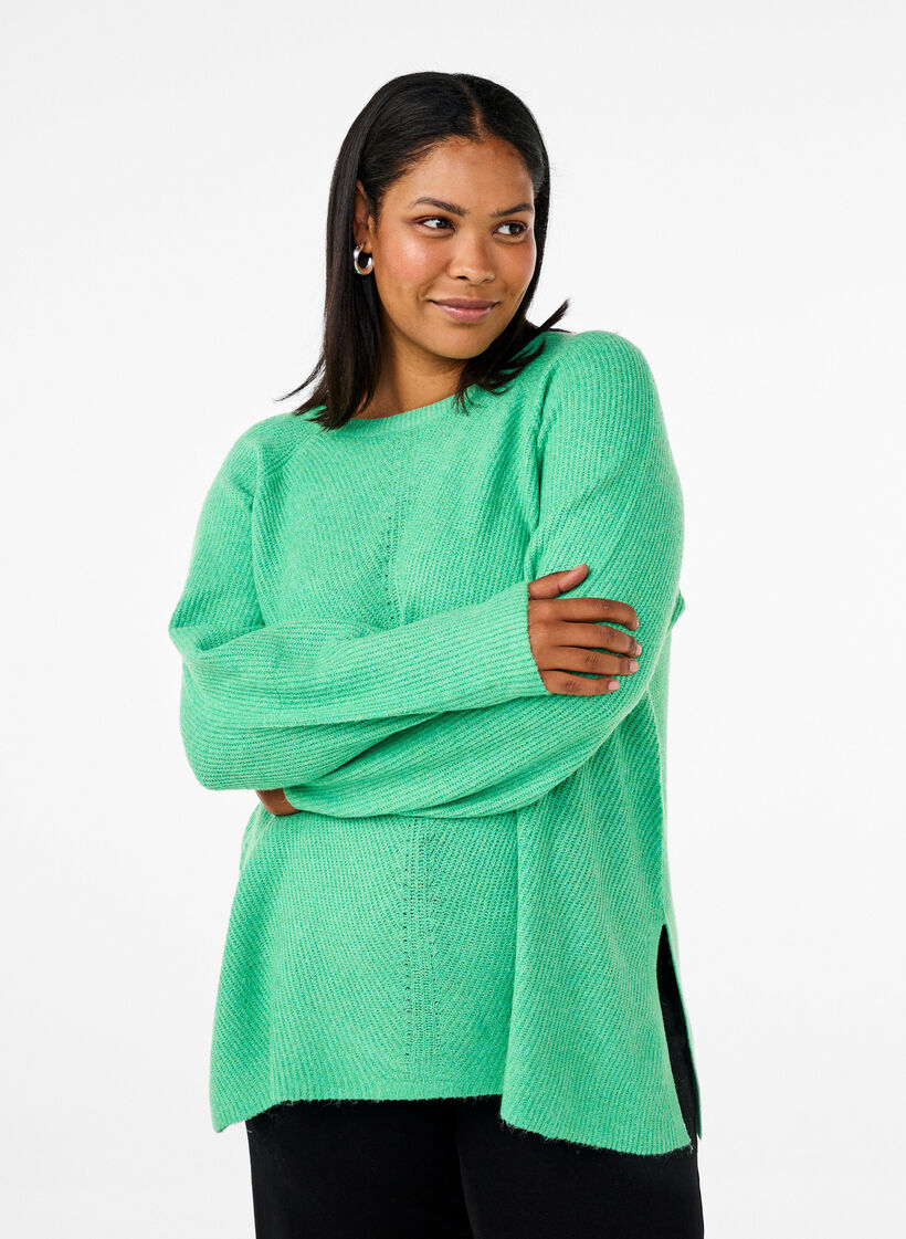 Strikket bluse med rund hals, Light G. Green Mel., Model image number 0