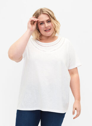 T-skjorte av bomull med blondekant, Bright White, Model image number 0