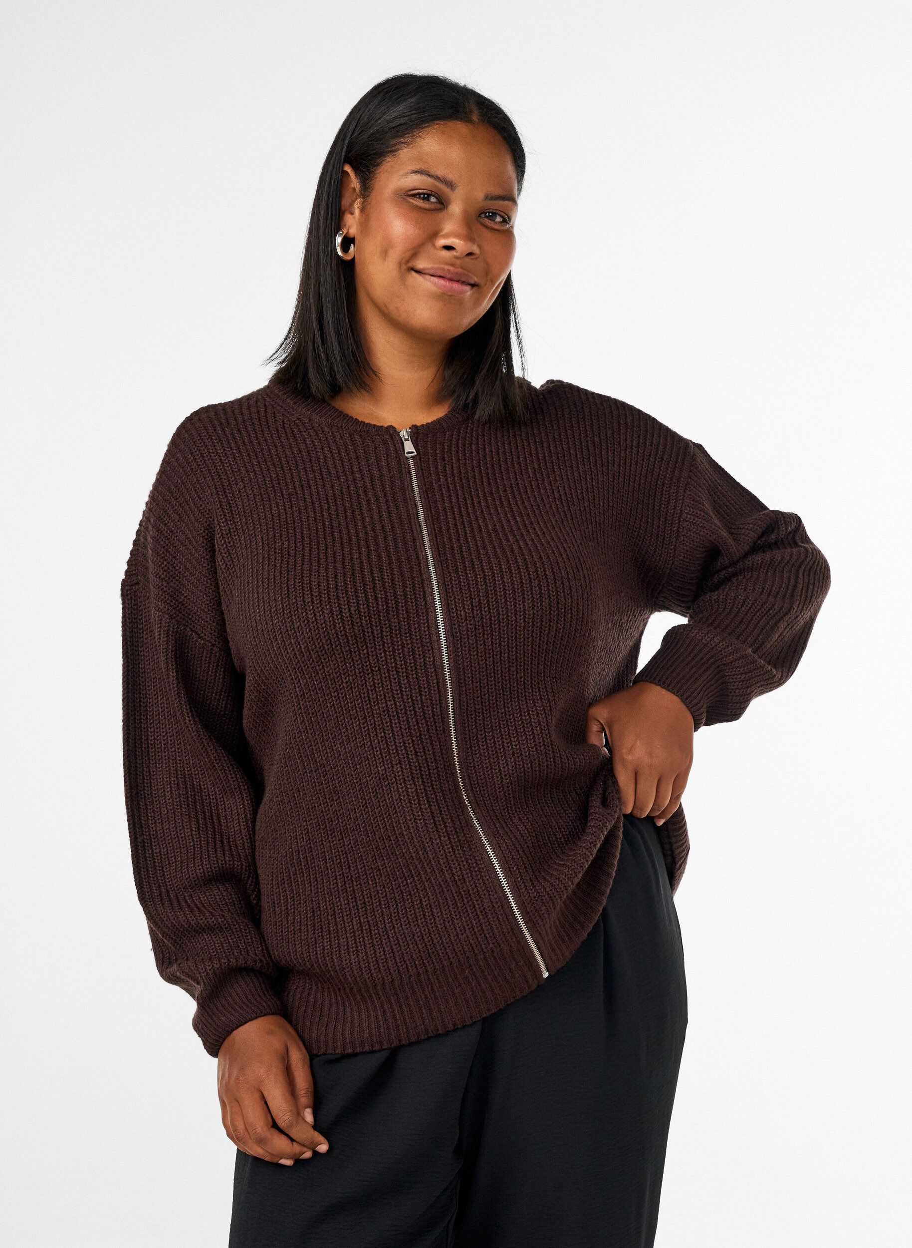 Strikket cardigan med glidel&aring;s, Brun, Model