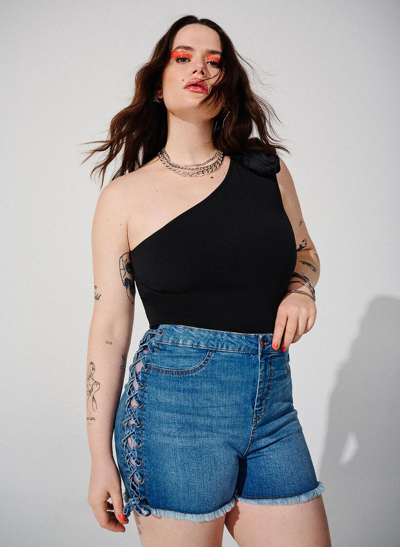 Dongerishorts med snøredetaljer, Blue Denim, Image image number 0