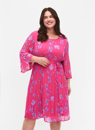 Mønstrete plissékjole med knyting, Beetroot Purple AOP, Model image number 0
