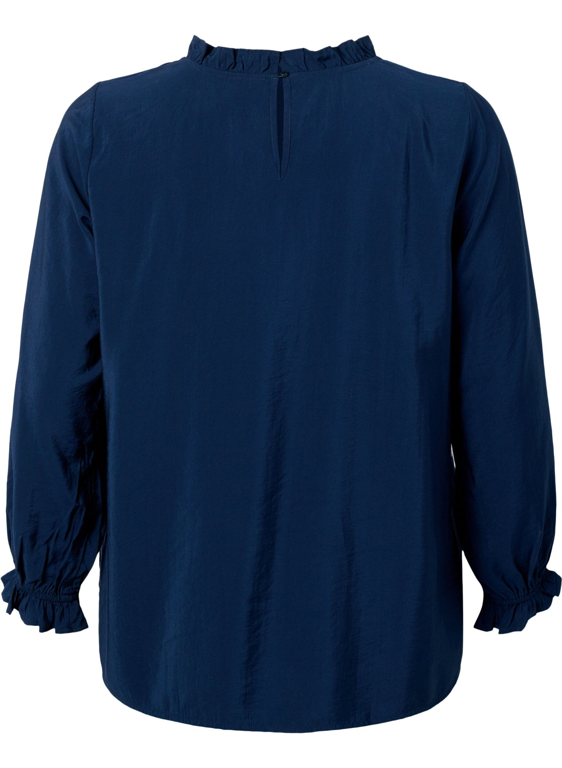 Zizzi Langermet bluse i viskose med volanger, Total Eclipse, Packshot image number 1