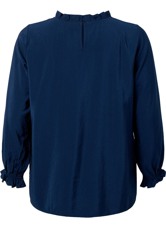 Langermet bluse i viskose med volanger, Total Eclipse, Packshot image number 1