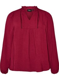 Bluse med V-hals og heklet b&aring;nd, R&oslash;d