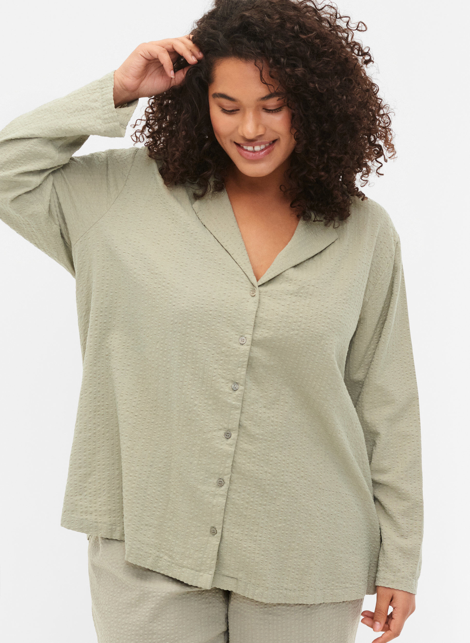 Zizzi Bomullsskjorte med struktur, Seagrass , Model image number 2