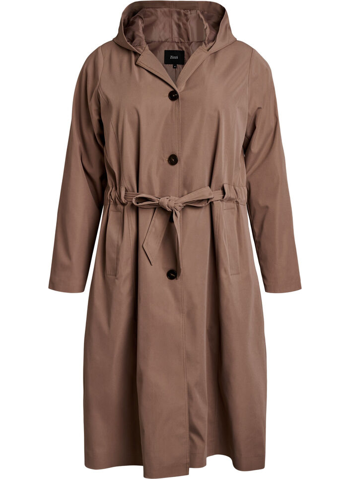 Trenchcoat med hette og knytebelte, Brun, Packshot image number 0
