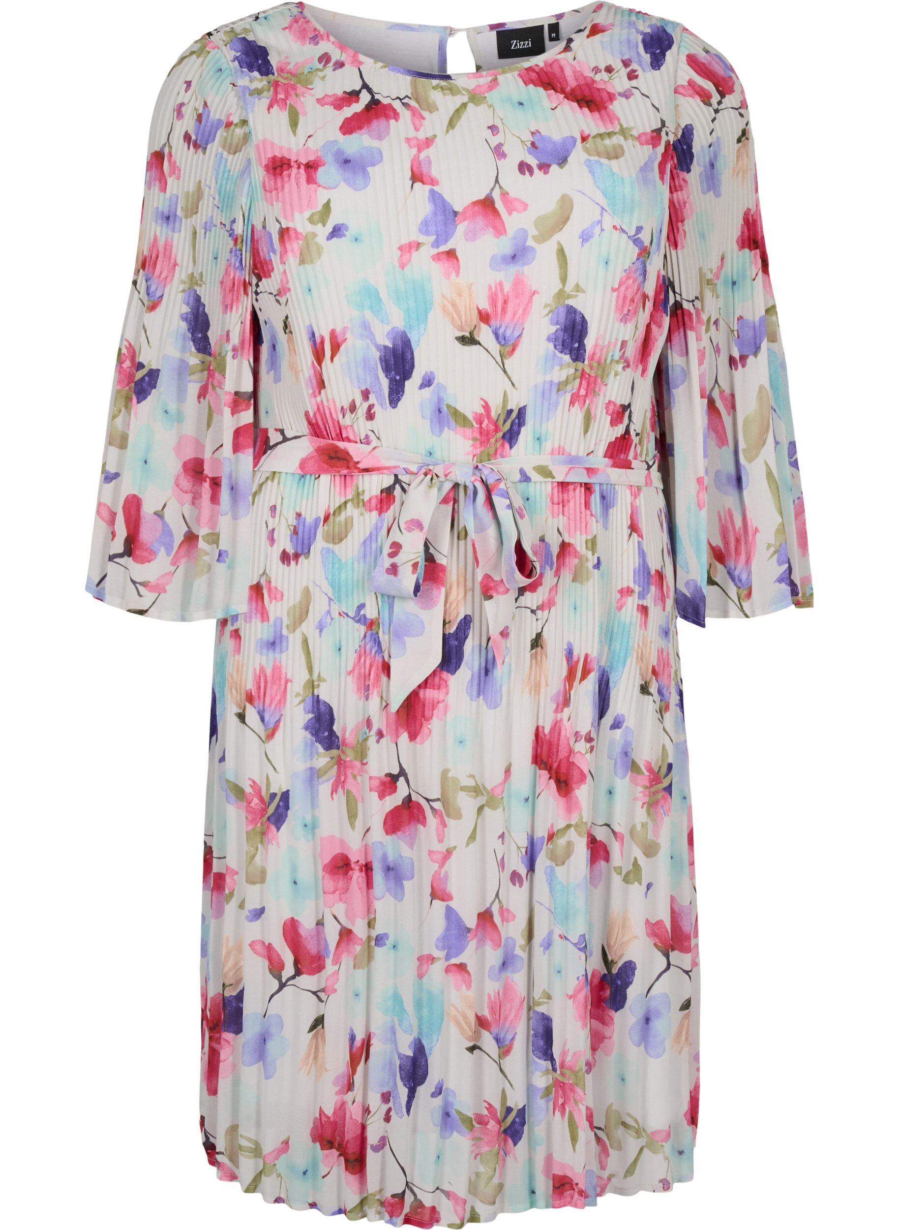 Zizzi M&oslash;nstrete pliss&eacute;kjole med knyting, White/MultiFlowerAOP, Packshot image number 0