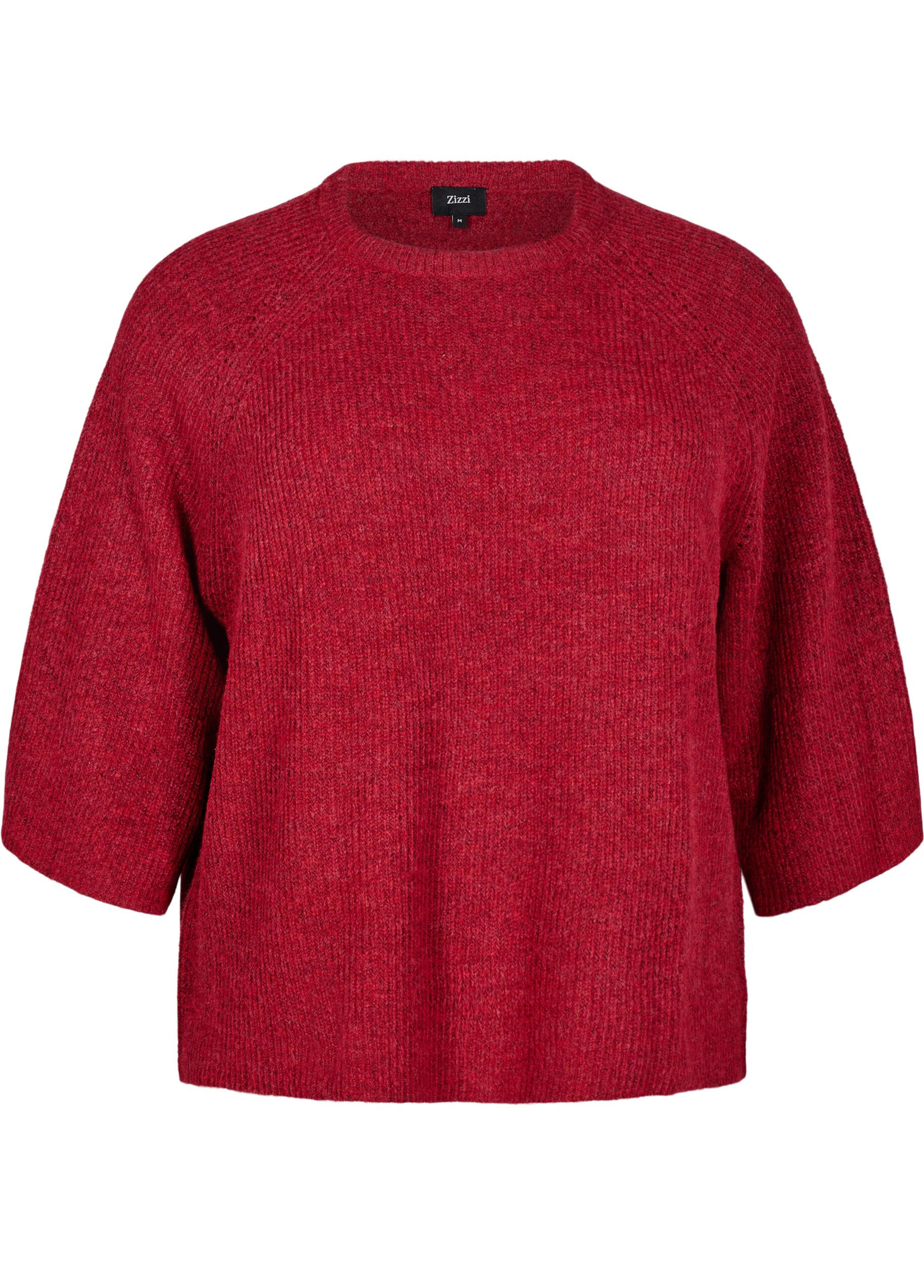 ZizziRibbestrikket genser med 3/4 ermer, R&oslash;d, Packshot image number 0