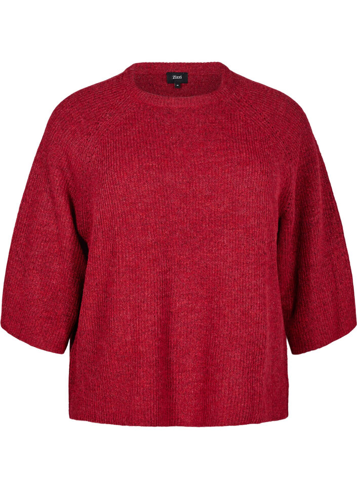 Ribbestrikket genser med 3/4 ermer, R&oslash;d, Packshot image number 0