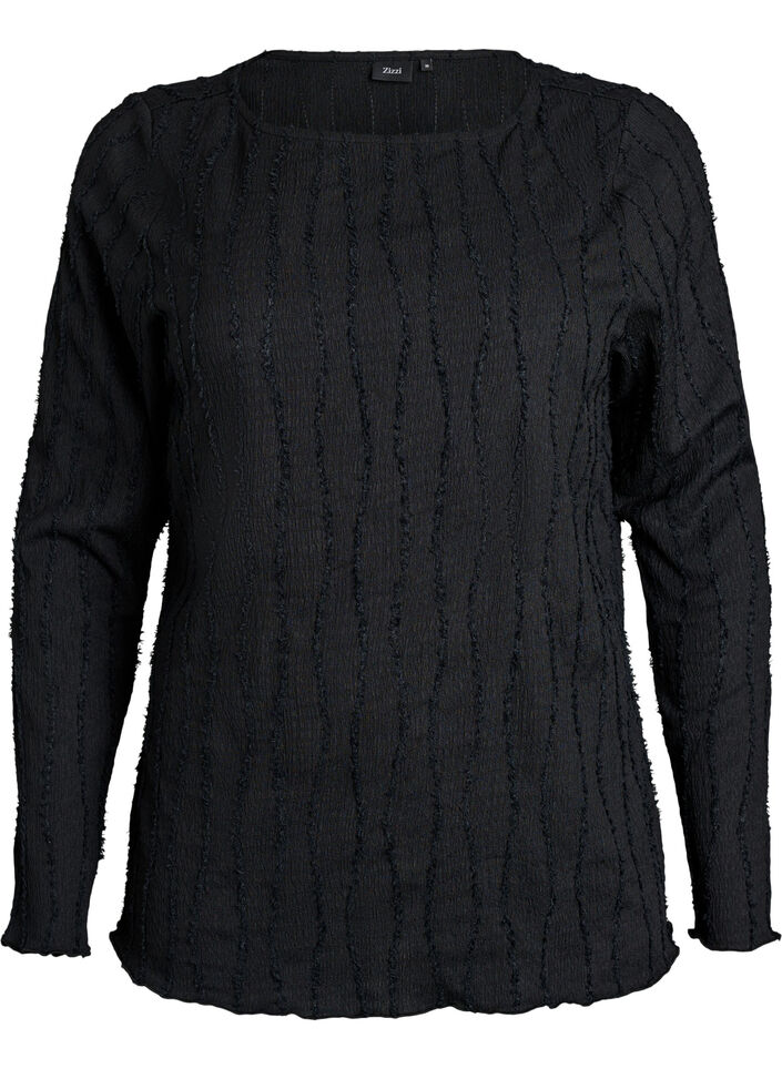 Jerseybluse med en b&oslash;lget tekstur, Svart, Packshot image number 0