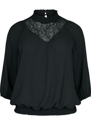 Bluse med blonder og smock, Black, Packshot image number 0