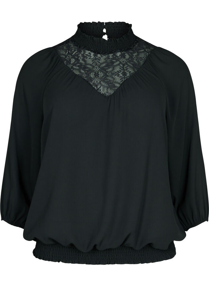 Bluse med blonder og smock, Black, Packshot image number 0