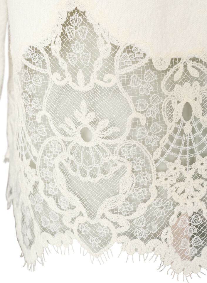 Strikkebluse med raglanermer og en bred blondedetalj, Beige, Packshot image number 4