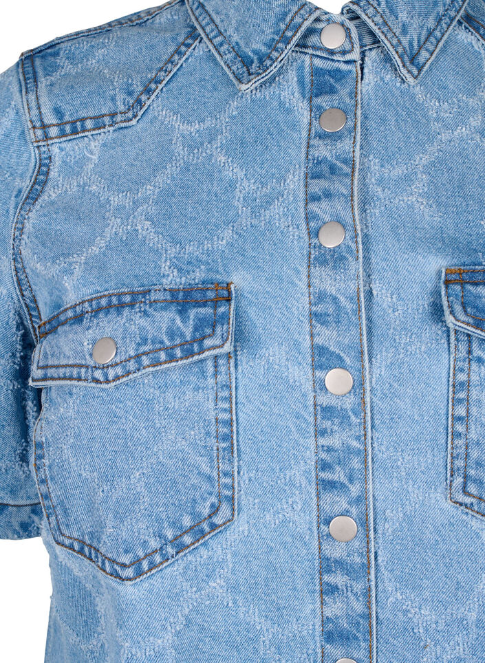 Denimkjole med slitt mønster og korte ermer, Blue Denim, Packshot image number 2