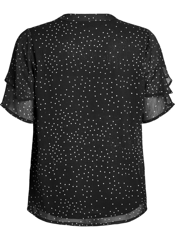 Chiffonbluse med polkadotter og volangermer, Svart, Packshot image number 1