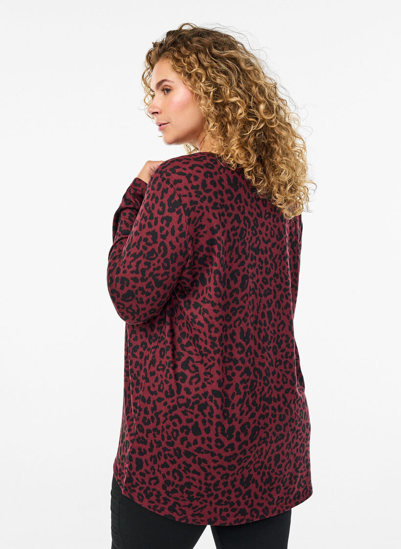 Leopardmønstret bluse med lange ermer, Mørk Bordeaux, Model image number 2