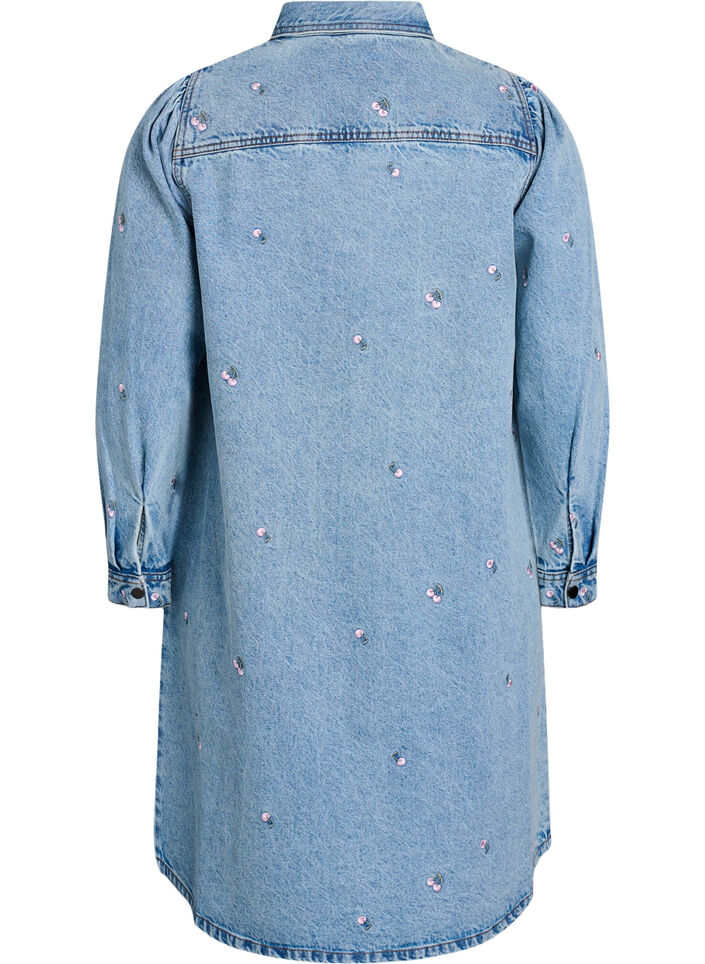 Denimkjole med kirsebær og brystlommer, Blå, Packshot image number 1