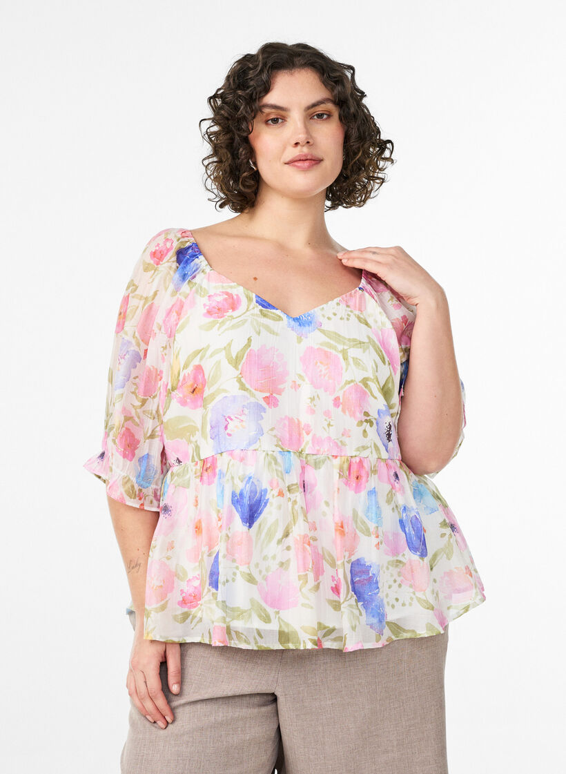 Bluse i lyocell med blomstertrykk og sweetheart-utringning, Hvit, Model image number 0